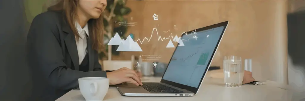 Business professional analyzing marketing strategy with AI-generated data on screen