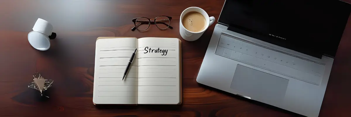 Flat lay of marketing strategy notebook with glasses and coffee on a lawyer’s desk.