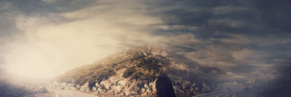 A forked mountain trail where a crowded path labeled 'Generic Advice' fades into fog, while a clear path labeled 'Tailored Strategy' leads to a sunlit summit; minimalist, professional tones with a subtle compass symbol in the background.