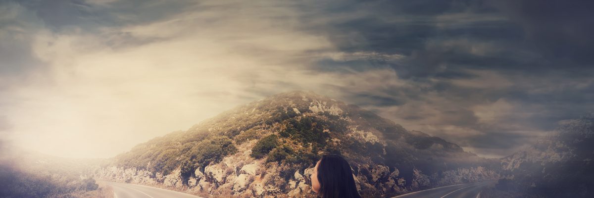 A forked mountain trail where a crowded path labeled 'Generic Advice' fades into fog, while a clear path labeled 'Tailored Strategy' leads to a sunlit summit; minimalist, professional tones with a subtle compass symbol in the background.